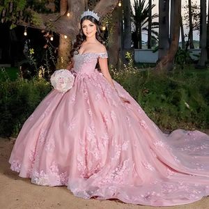 Appliques bal roze kanten jurk quinceanera jurken kristal van de schouder kralen corset vestidos de anos