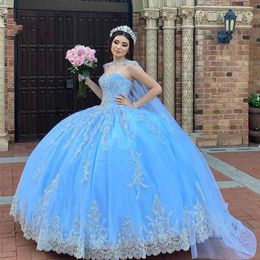 Appliques kralen kant van quinceanera jurken lange cape sweetheart nek tule bal jurk prinses sweet 16 jurk voor meisjes prom feest 2024