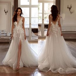 Appliques Dresses 3D-Floral Spaghetti Elegante A-Line Wedding Tule Backless Side Split Custom Made Zipper Plus Size Bridal Dress Vestidos de Novia 0510