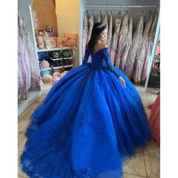 Appliques Robes Long Royal Quinceanera Princesse Lace Blue Sweet 16 Robe Veded V-Neck Off Boule de bal épaule Célébrité de fête Vestidos 2024