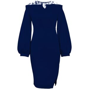 Appliques Elegante Jurken Dames Patchwork Mesh Long Lantern Sleeve Navy Blue Bodycon Slim Office Dames Classy Fashion Vrouw 210527