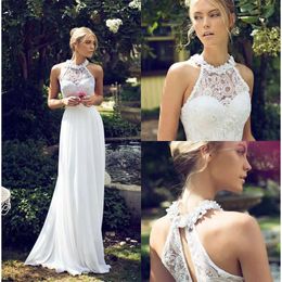 Appliques halter jurken riki strand dalal kanten illusie bruidsjurken vloer lengte bohemia trouwjurk sexy rug