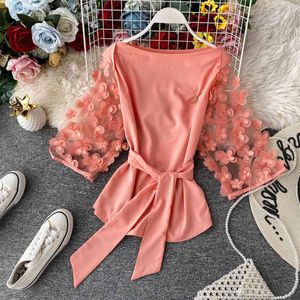 Appliques Slash Hals Dames Blouse Tops Mesh Splice Sjeres Half Mouw Vrouwelijke Blouse Zomer Mode Casual Elegante Dames 210518