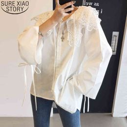 Appliques witte blouse asymmetrische zoom shirts vrouwen casual losse tops revers plus size mode vlinder mouw boog shirt 13107 210417