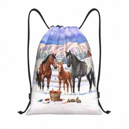 Apposa Chevaux en hiver Sacs à cordon Hommes Femmes Portable Gym Sports Sackpack Ferme Animal Shop Sacs à dos U264 #