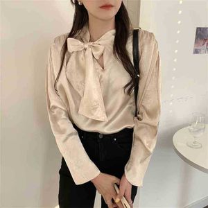 Abrikoos korte chique ol zachte alles match boog sexy Koreaanse elegantie mode losse hoge kwaliteit vrouwen blouses 210525