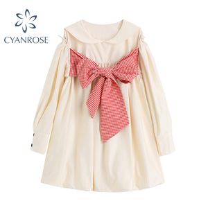 Abricot Robes Pour Femmes Élégant Spliced Grand Plaid Arc À Manches Longues Rétro Doux Style Japonais Crop Fluffy Vestidos Robe 210417