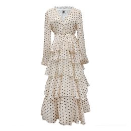 Abrikoos polka dot v-hals chiffon jurk lange mouw cascading ruche cake fairy elegante lente daling D2229 210514