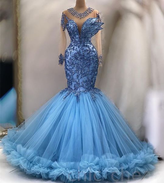 April ASO EBI Mermaid Lace Prom Sky Blue Tulle Fiesta Formal Forma Segunda recepción Vestidos de compromiso de cumpleaños Rata de soiree ZJ627 407