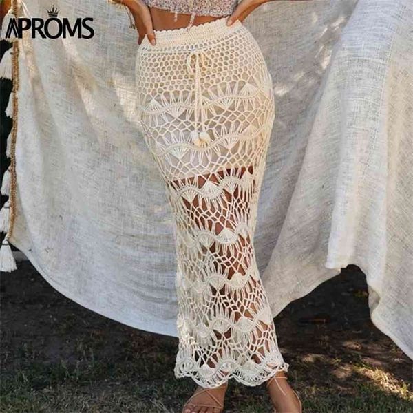 Aproms Bohême Crochet Kintted Longue Maxi Jupe Femmes Vintage Coton Creux Out Jupes Dames Été Plage Jupes Crayon 210730