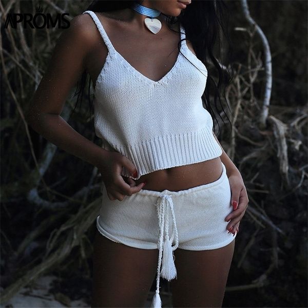 Aproms Boho Blanc Tricoté Crop Top et Shorts Femmes Élégant 2 Pièces Ensemble D'été Taille Basse Plage Bikini Barboteuse Femme Outfit 210302