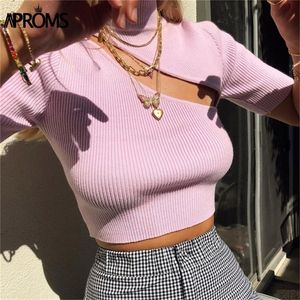 Aproms Candy Color High Neck Ribbed gebreide T -shirt Vrouwen Sexy korte mouwstrench t -shirt dames streetwear witte crop top 2021 210317