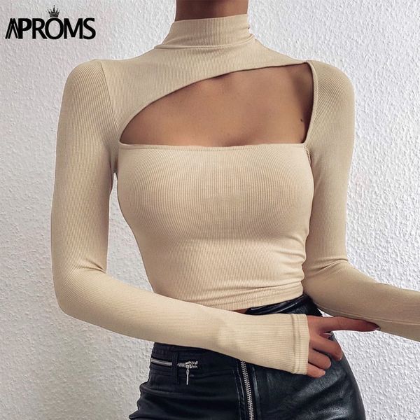 Aproms Élégant Solide Couleur Col Haut Côtelé Tricoté T-shirt Femmes Automne Sexy Cut-Out À Manches Longues Crop Top Femme Noir Tee 201125