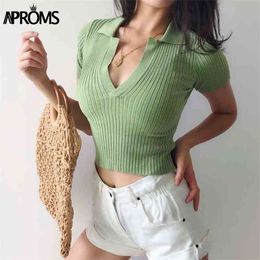 APROMS Fashion Basic Cropped T-shirt Femmes Casual Collier Collier T-shirt tricoté Vintage Green Crop Top T-shirt Tshirt 210401