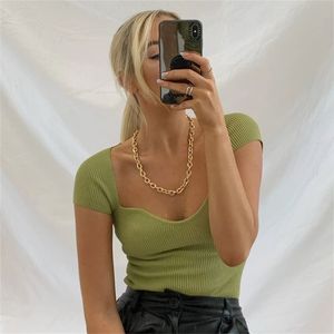 Apranden groene vierkante nek geribbelde gebreide t-shirt vrouwen sexy effen kleur hoge rendel t-shirt cool meisjes straat stijl crop top 220325