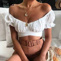 Aproms White Off Shoulder Ruched Tank Tops Women Summer Sexy Backless Tie Bow Crop Top Streetwear Pink Tees for Women Clothing 210308