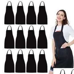 Tabliers 12 pack Bib tablier - Uni Black Bk avec 2 poches spacieuses Hine Lavable pour la cuisine BBQ Ding 230831 Drop livraison Dhue9