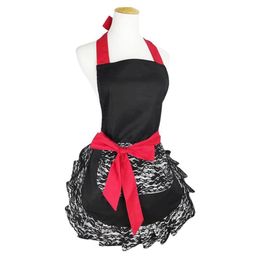 Delantales Delantal coqueto de encaje negro con bolsillo divertido retro sexy cocina pinup para mujeres niñas 278M