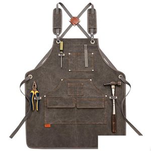 Schorten canvas schort slabib chef chef keuken voor vrouwen mannen schilder barista barman zakken pockets home barber café restaurant tool drop levering dhfux