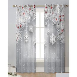 Delantales cortinas de Navidad Fir Leaf Berry Vintage Madera Tle Tratamientos de ventana transparente Drapes con ojadores Dhicp