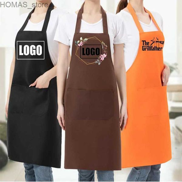 Delantales Diseño personalizado Marca Black Unisex Waiter Cooking Restaurante Impresión de bolsillo Ajustable Holfos Hombres delanteros para mujer Y240401