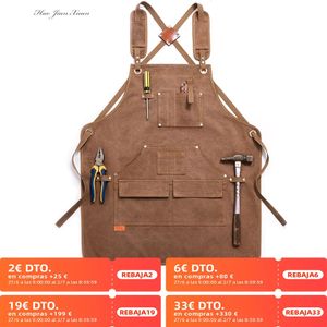 Schorten Duurzame goederen Heavy Duty unisex canvas werkschort met gereedschapszakken Gekruiste rugbanden Verstelbaar voor houtbewerking Schilderen 231013