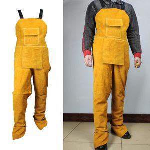 Tabliers vêtements de soudage robustes en cuir de vachette jambe fendue bavoir résistant à la chaleur avec poches outil pour hommes femmes 230308