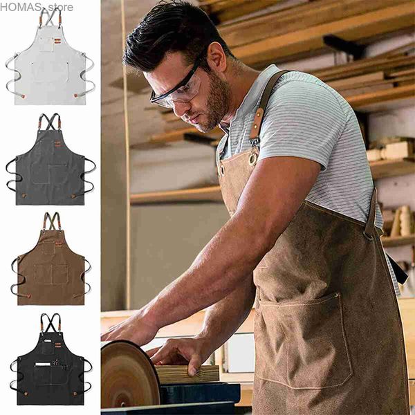 Delantales de alta marca Hombres Mujeres Mujeres gruesas Denim Bib Delantal Taller de cocina Taller de trabajo de trabajo pesado Accesorios de cocina para el hogar Y240401