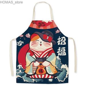 Delantales de estilo japonés dibujos animados de lino japonés delantero para el hogar de la cocina de la cocina de la cocina limpieza de la cintura sin mangas delantal y240401