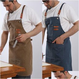 Tabliers de cuisine tablier solide simple Uni toile travail ajusté Black Bib Waiter Pub Salon Cafe avec sac à outils Restaurant Cape Drop Deliv Dhmij