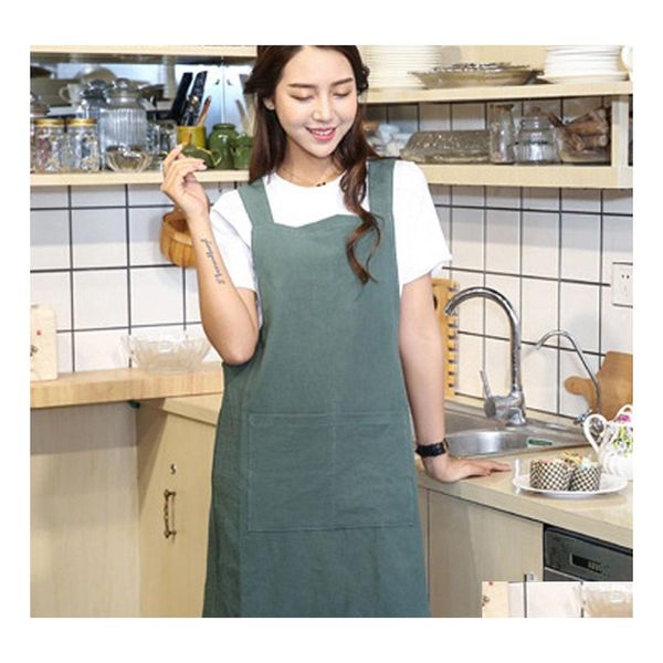 Tabliers Cuisine Cuisine Femmes Coton Lin Cross Back Tablier Style Japonais Travaux ménagers Wrap Pinafore avec poche Y200103 Drop Delivery Dhxjp