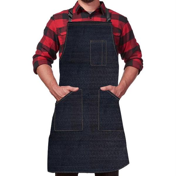 Delantales de cocina delantal de mezclilla hombres mujeres con bolsillo Chefs cocina ajustable hornear negro azul Simple uniforme a prueba de agua Dropship319b