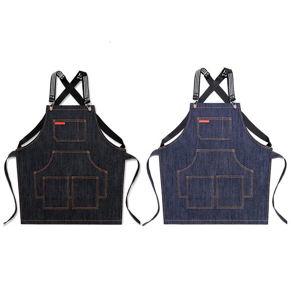 Tabliers Style coréen À La Mode Denim Tablier Pour Hommes Femmes Travail Personnalisé Barista Tablier Café Salon De Coiffure Peinture Cuisine Jean Tissu 230625