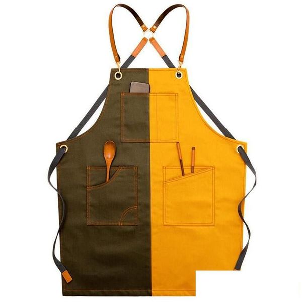 Delantales Patchwork Lienzo Delantal para peluquero Limpieza de la casa Hornear Cocinar Bolsillo Chef Pinafore Master Accesorios de cocina Drop del Otkjm