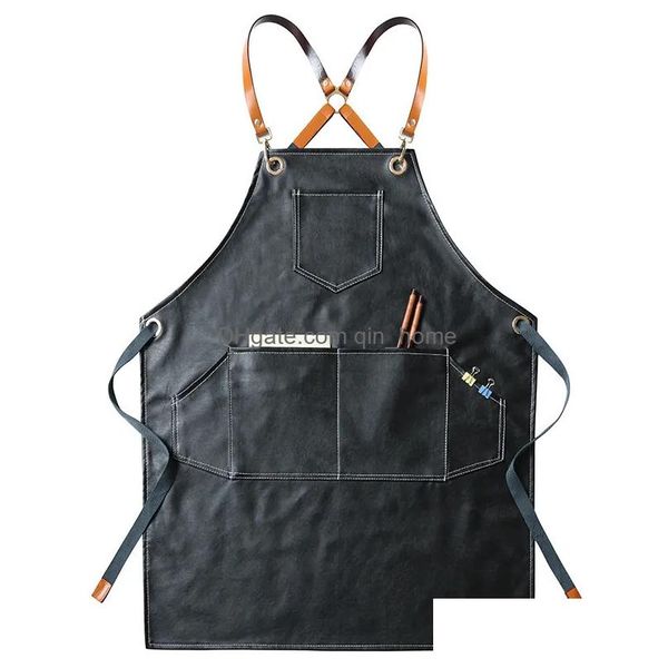 Delantales PU Cuero Impermeable Cafetería Tienda Casa Limpieza Baberos Mujeres Delantal para hombres Accesorios de cocina Cocinar Hornear Bolsillo Chef Pinafo Dhyxn