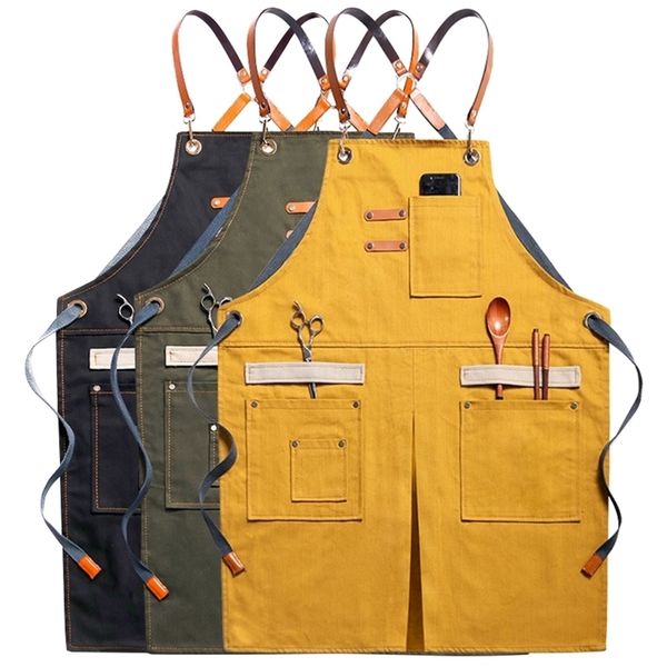 Delantales de lona amarillo sólido Master para accesorios de cocina Pocket Cafe Pinafore limpieza de la casa trabajo de panadería peluquería 220919