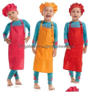 Schorten ons stock afdrukbaar aanpassen logo kinderen chef schort set keuken taille 12 kleuren kinderen met hoeden voor het schilderen van koken druppel del dhe1u