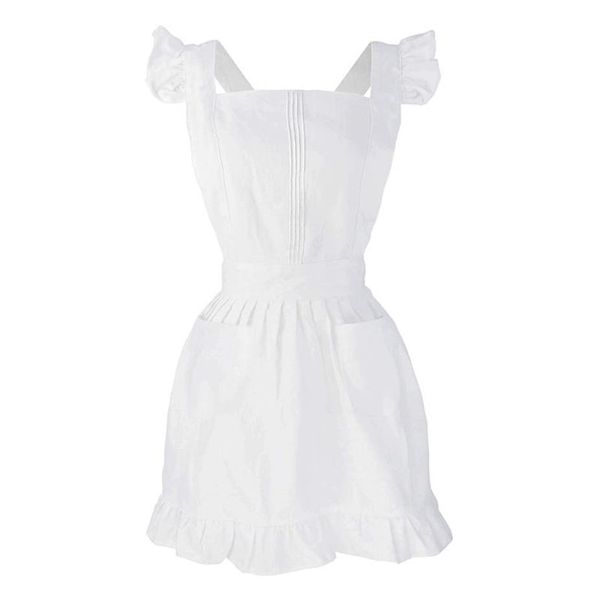 Delantales W0YF Delantal blanco retro con volantes y bolsillos ajustable Victorian Maid Bib294y