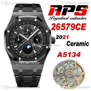 APSF 41 mm eeuwigdurende kalender 26579CE A5134 automatisch herenhorloge Superlumed blauwe getextureerde wijzerplaat maanfase zwarte keramische kast en Br303M