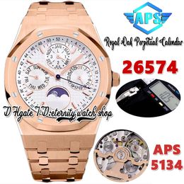 APSF aps26574 Calendrier Perpétuel Cal.5134 aps5134 Montre Automatique pour Homme 41MM Cadran Texturé Blanc Superlumé Phase de Lune Bracelet en Acier Or Rose Montres d'éternité