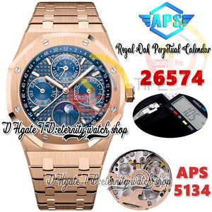 APSF aps26574 Perpetual Calendar Cal.5134 A5134 Automatic Mens Watch 41MM Superlumed Blue Textured Dial Moon Phase Rose Gold Steel Bracelet Super eternity horloges