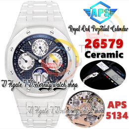 APSF aps26579 Eeuwigdurende kalender Cal.5134 A5134 Automatisch herenhorloge Superlumed blauwe getextureerde wijzerplaat maanfase witte keramische kast armband Super eternity horloges