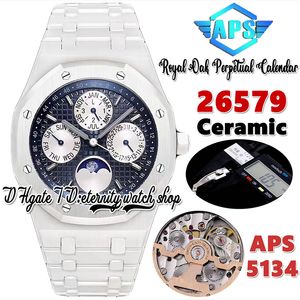 APSF APS26579 PERPETUAL KALENDER CAL.5134 APS5134 Automatische heren Watch Superlumed blauw textureerde wijzerplaat Maanfase Witte keramische behuizing en armband eeuwigheid horloges