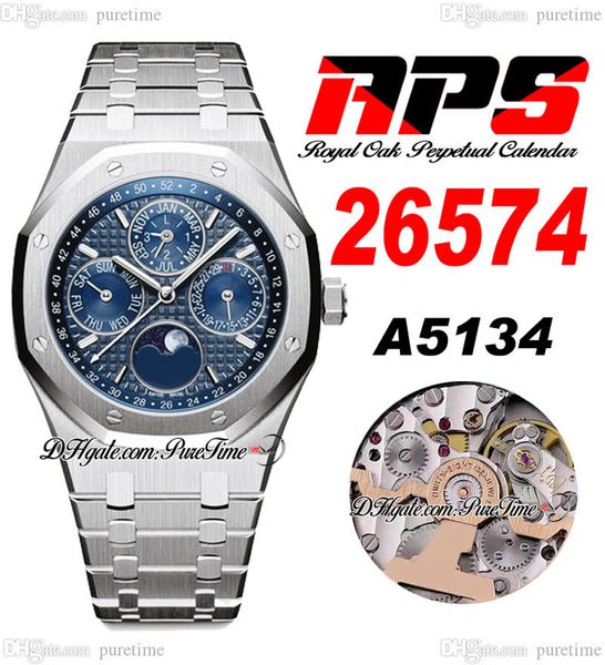 APSF Calendario perpetuo MoonPhase A5134 Reloj automático para hombre 2657 41 mm Azul Grande Tapisserie Dial Pulsera de acero inoxidable Super Edition Puretime B2