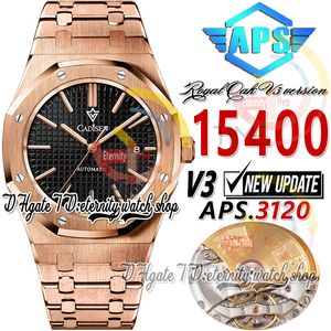 APSF V3 15400 A3120 Reloj automático para hombre Ultrafino 9,8 mm Oro rosa Textura negra Dial Marcadores de barra Pulsera SS de acero 904L Super Edition Trustytime001 Relojes