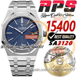 APSF V3 15400 SA3120 Automatic Mens Watch 41mm Blue Textured Dial Stick Markers Bracelet en acier inoxydable Super Edition TrustyTime001 Ultra-Thin-Wristals
