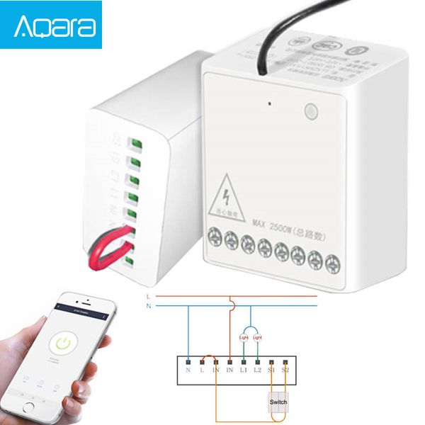 Aqara LLKZMK11LM Module de contrôle bidirectionnel contrôleur de relais sans fil 2 canaux fonctionnent pour le Module de contrôle de Kit d'application de maison intelligente