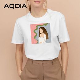 Aqoia vintage abstracte schilderij vrouwen t-shirt korte mouwen koreaanse stijl ronde hals Tee zomer karakter mode meisjes tops 210521