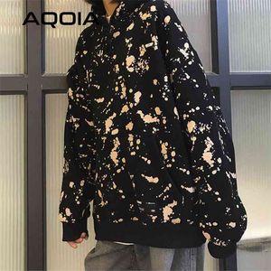 Aqoia Winter Graffiti Afdrukken Losse Dames Hoodies Y2K Sweatshirts Zakken Oversize Dikke Sweatshirt Dameskleding 210521