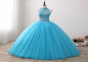 Vestidos de quinceanera de vata de pelota de Aqua Blue Apliques de encaje con cuentas de cuento